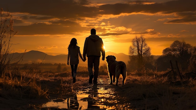 Camminare nella natura con un cane al tramonto IA generativa