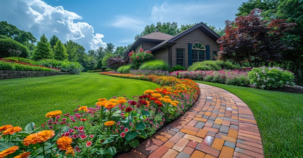 Cammino di pavimentazione in mattoni e fiori colorati nel giardino il giorno d'estate