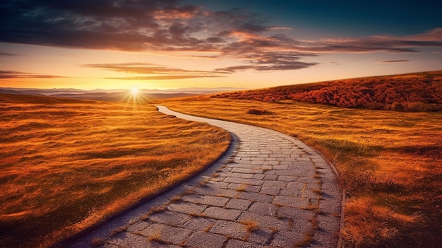 Cammino in una direzione con lo sfondo del tramonto Vai oltre Aprire la strada al successo