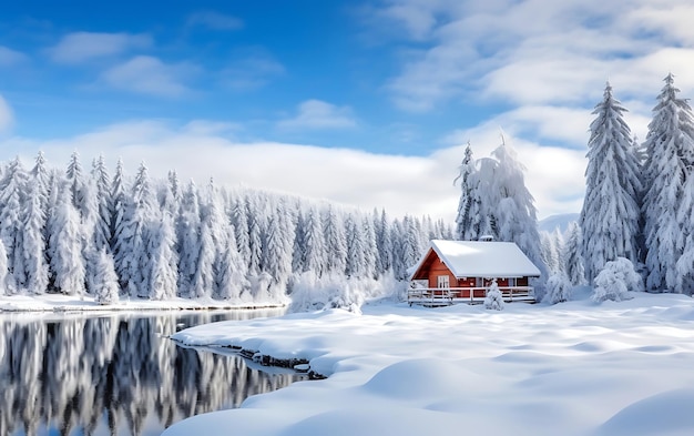 Cammino innevato verso una casa rustica in una foresta invernale privacy e concetto di vacanza in campagna