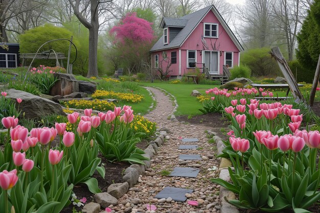 Cammino nel giardino di fiori primaverili con tulipani rosa vicino alla casa