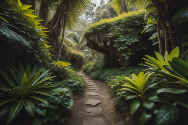 Cammino nel giardino tropicale con piante e alberi sfondo naturale generativo ai