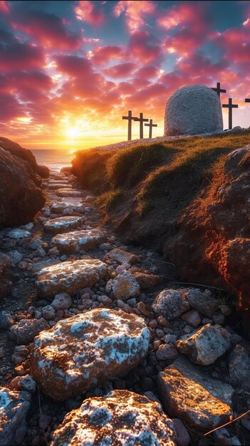 Cammino roccioso verso la tomba di pietra di Gesù Cristo al tramonto