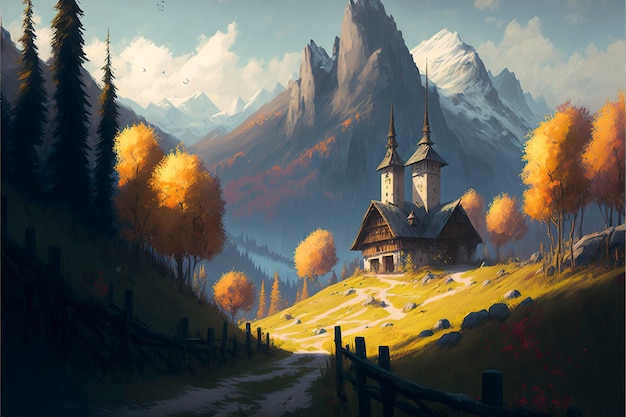 campagna in autunno, foresta e montagna, pittura paesaggistica, medievale