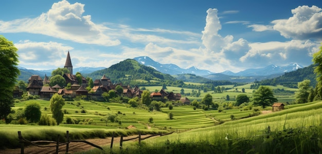 Campagna ondulata con sullo sfondo un pittoresco villaggio IA generativa