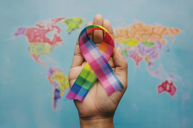 Campagna per la Giornata Mondiale del Cancro con nastri colorati e mappa del mondo