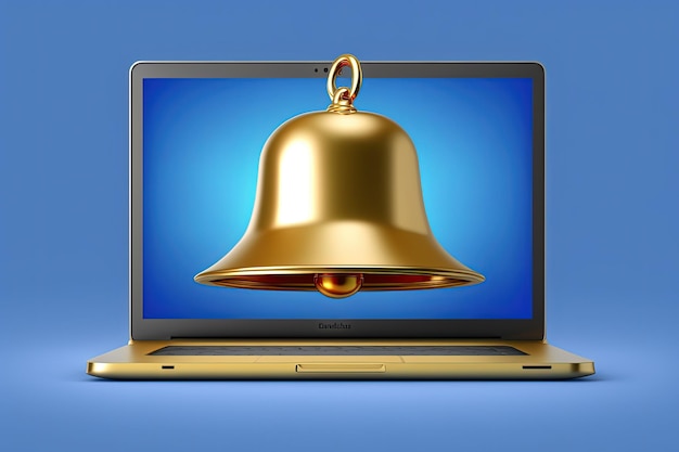 Campana d'oro sullo sfondo blu dello schermo del computer portatile IA generativa