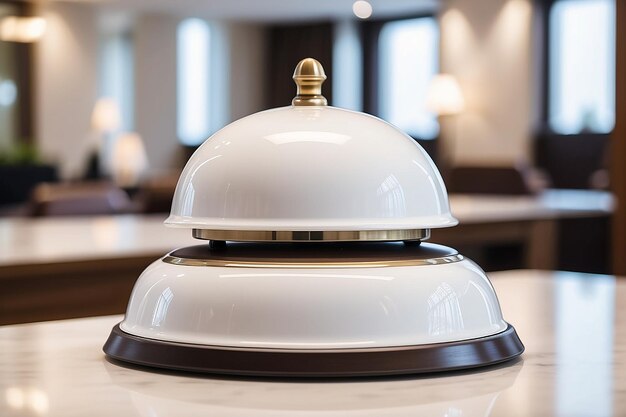 Campana del servizio dell'hotel su un tavolo vetro bianco e sfondo di simulazione dell'hotel Concept hotel travel