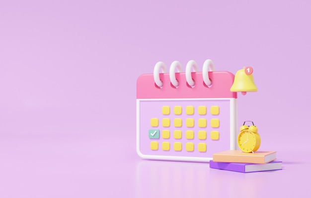 Campana di notifica Icona calendario simbolo contrassegnato programma. design minimal in stile cartone animato. Giorno mese anno, istruzione, concetto di apprendimento. su sfondo viola, banner, illustrazione di rendering 3D