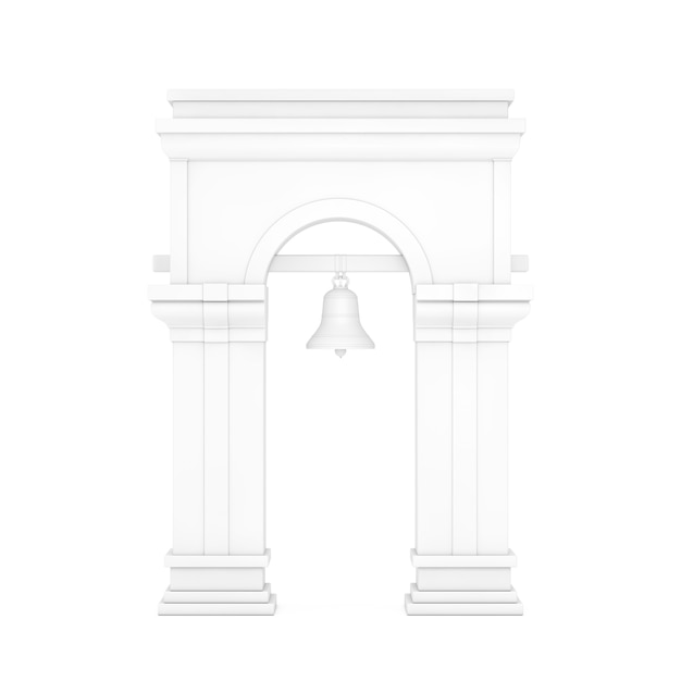 Campanile bianco con arco e campana sospesa in stile argilla su sfondo bianco. Rendering 3D