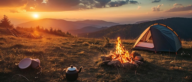 Campeggio al tramonto in montagna con tenda e fuoco