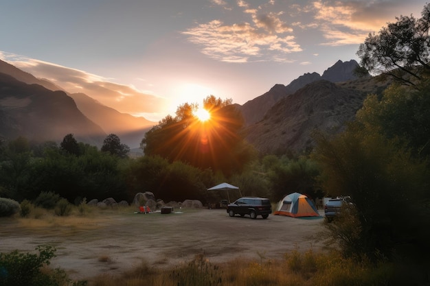 Campeggio con vista sul tramonto circondato da montagne e alberi creati con l'IA generativa