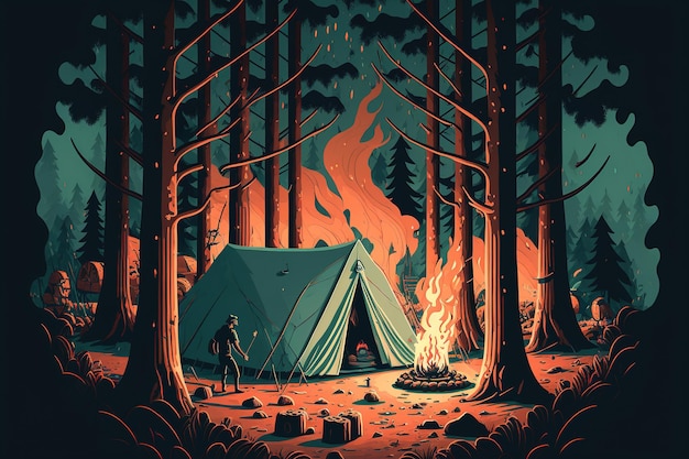 campeggio di notte nella foresta con fuoco da campo