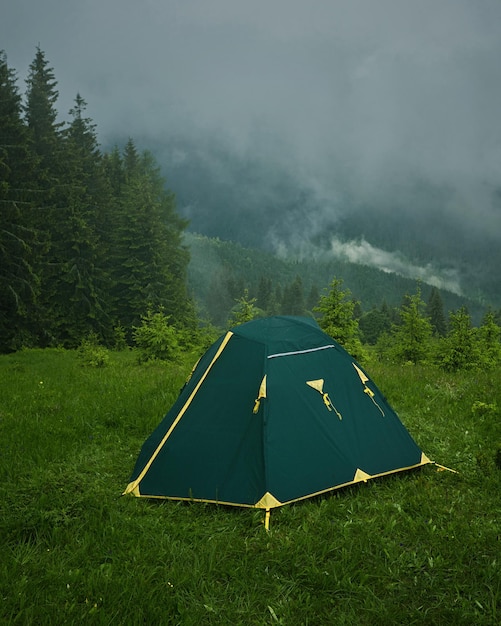 Campeggio e tende nella foresta in montagna