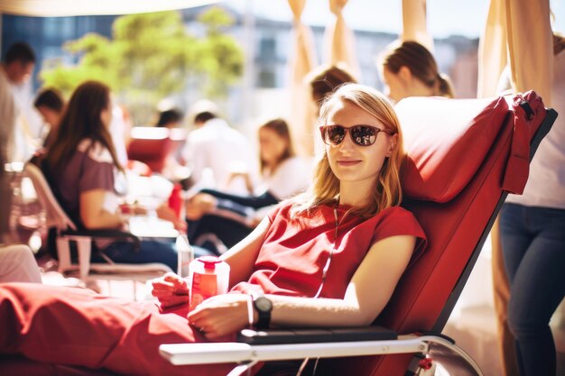 Campeggio estivo di donazione di sangue in un parco cittadino Donatori volontari su una sedia Concept della Giornata Mondiale dei Donatori del Sangue Mese Nazionale dei Donatori di Sangue