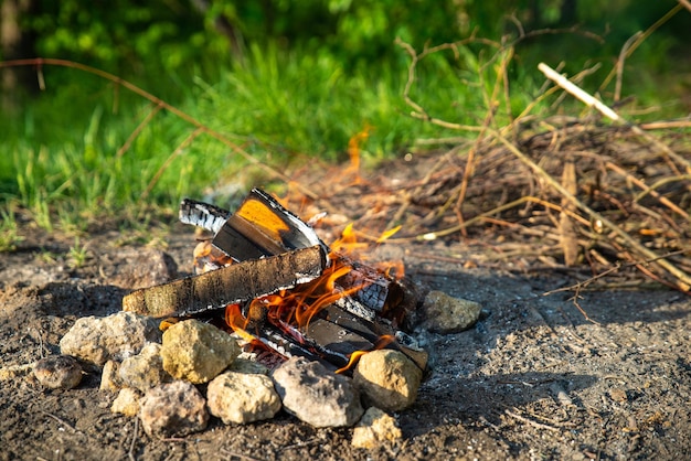 Campeggio falò con escursioni a riposo nella natura selvaggia del fuoco