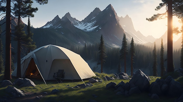 Campeggio in montagna generato dall'intelligenza artificiale