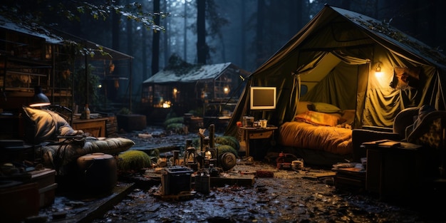 Campeggio nella foresta di notte buia IA generativa