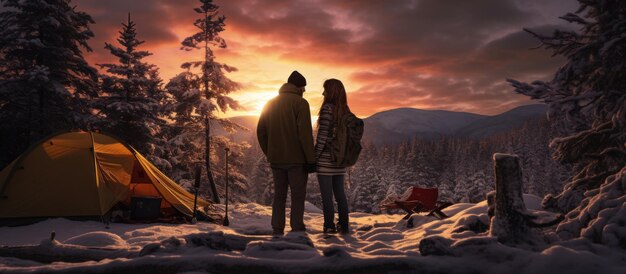 Campeggio nella foresta invernale di una coppia innamorata
