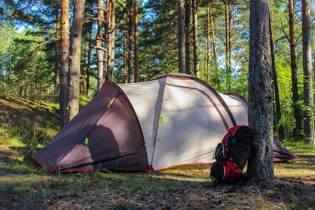 Campeggio nella natura. tenda familiare turistica nella foresta e uno zaino da escursionismo vicino a un albero.