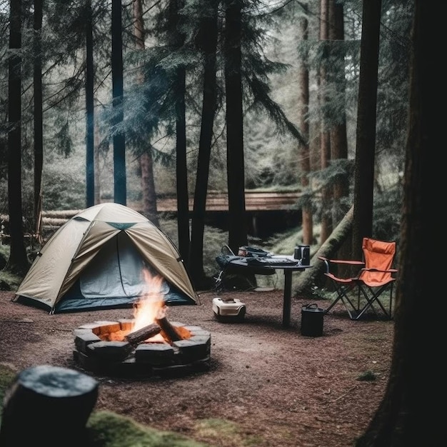 Campeggio nella tenda turistica della foresta e falò