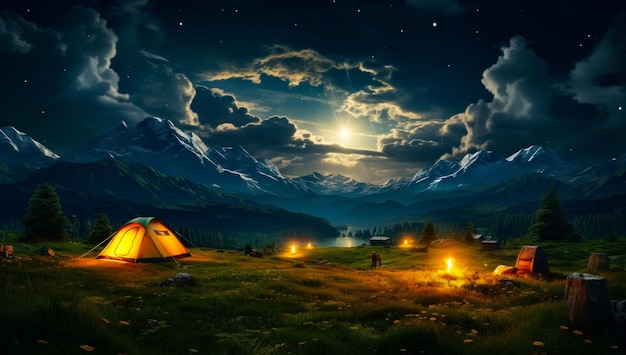 Campeggio sul prato aperto Una scena notturna con una tenda e un fuoco da campo