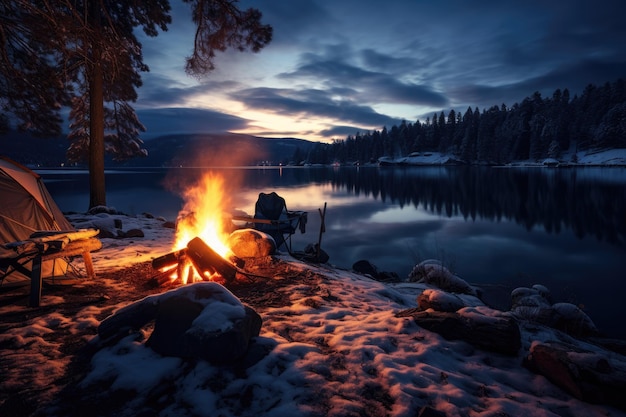 Campeggio sulla riva del lago Tahoe in inverno California Campo in riva al lago con falò in inverno al crepuscolo Generato dall'intelligenza artificiale