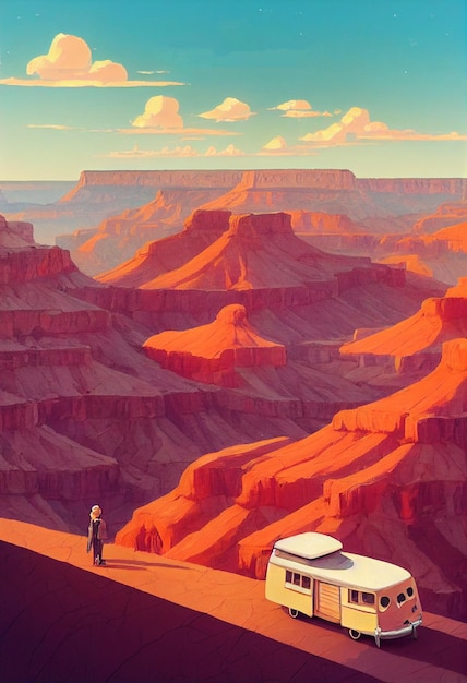 Camper in stile retrò sullo sfondo dell'illustrazione concettuale del Grand Canyon Vanlife