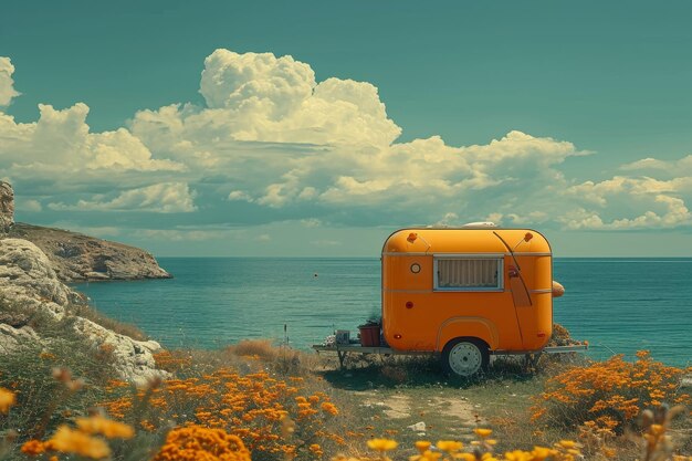 Camper su ruote sulla costa dell'oceano in un posto bellissimo Camping selvaggio vicino al mare