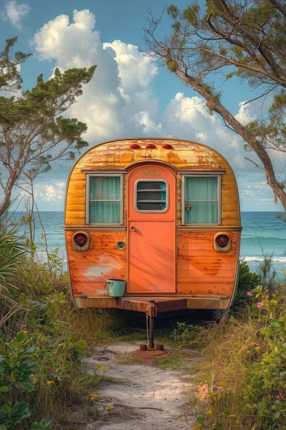 Camper su ruote sulla costa dell'oceano in un posto bellissimo Camping selvaggio vicino al mare