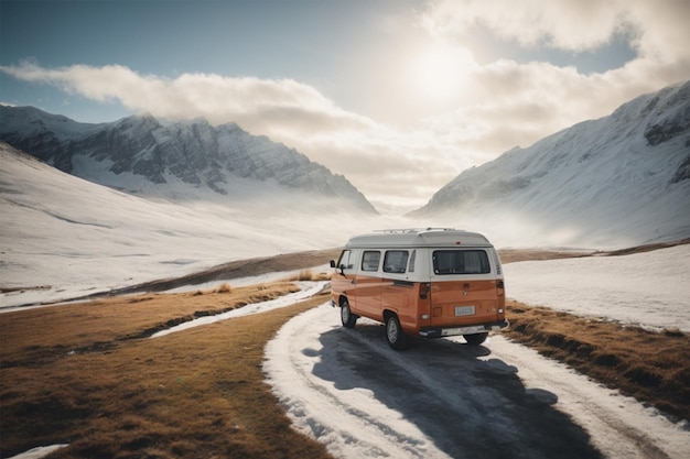 Camper sulla strada in montagna al tramonto