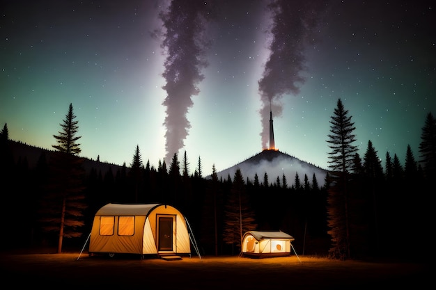 Camper tenda da campeggio nella giungla sotto la notte stellata Sfondo del paesaggio generativo AI Galaxy Concetto di stile di vita all'aperto