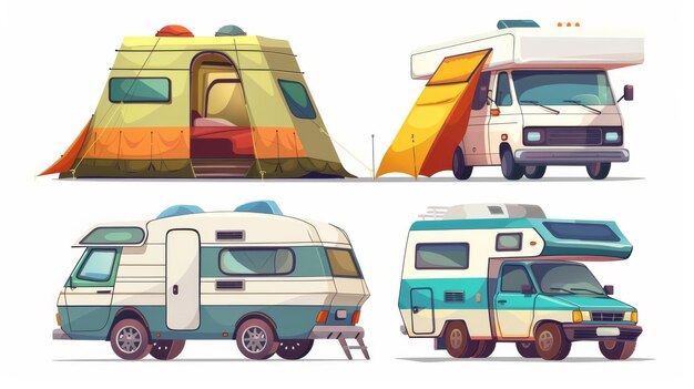 Camper van con tenda per viaggi in famiglia Set di illustrazioni moderne di caravan per avventure ricreative estive e vacanze Vintage rv rimorchio veicolo e camper