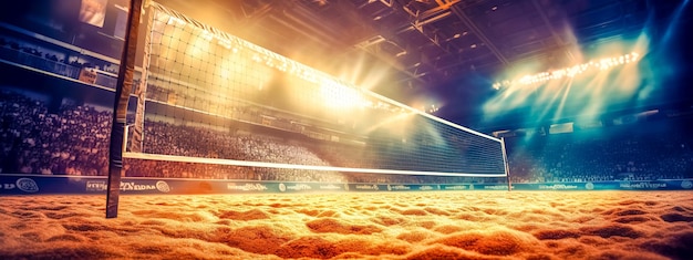 Campi da beach volley sabbiosi partite sportive al tramonto banner realizzato con intelligenza artificiale generativa