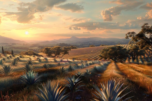 Campi di agave messicani al tramonto