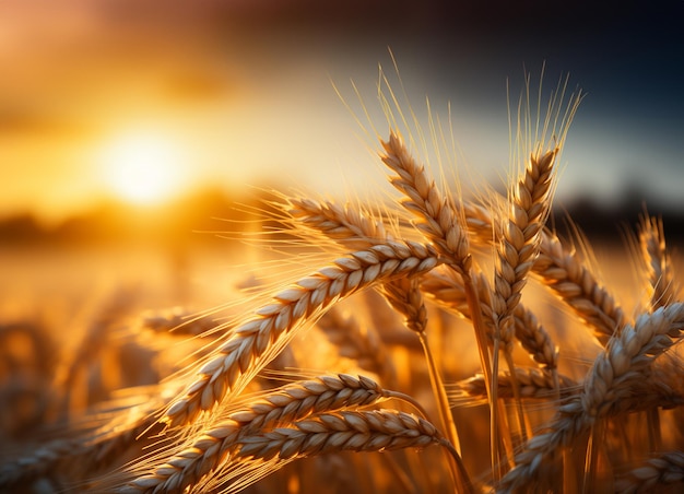 Campi di grano orecchie di grano sullo sfondo sfocato del tramonto