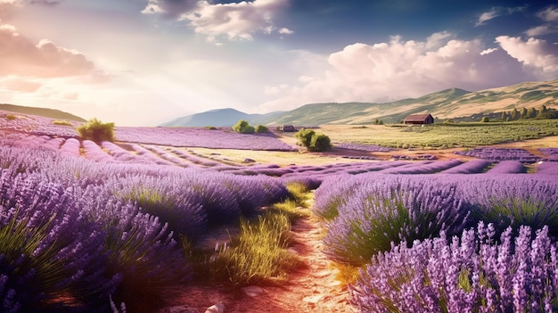 Campi di lavanda in montagna con una casa sullo sfondo