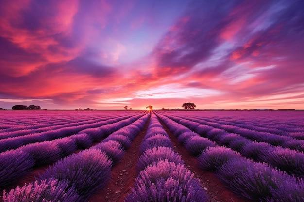 campi di lavanda viola al tramonto