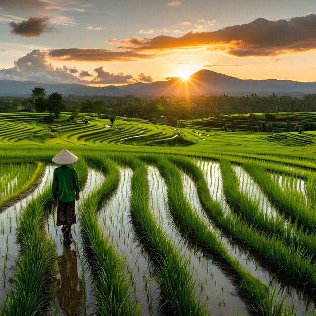 Campi di riso verdi con cielo limpido al mattino Gli agricoltori prestano attenzione alle colture che piantano e