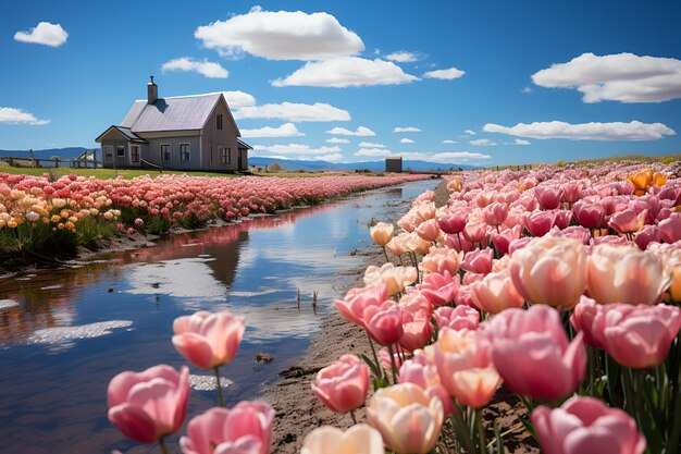 Campi di tulipani colorati in fiore campi di fiori colorati generati dall'AI