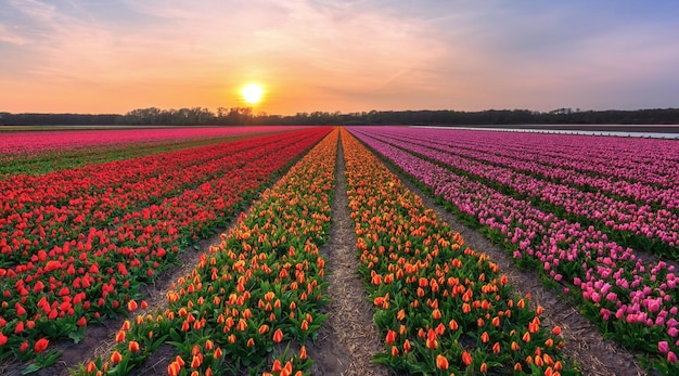 Campi di tulipani contro il cielo al tramonto nei Paesi Bassi