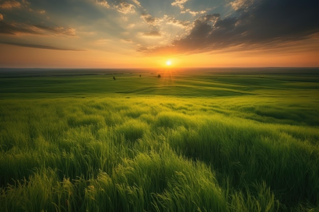 Campi verdi al tramonto ai generativa