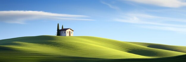 Campi verdi mozzafiato sotto un cielo blu sereno con nuvole bianche soffice all'orizzonte lontano