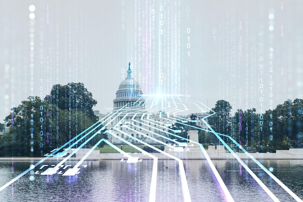 Campidoglio cupola esterno dell'edificio Washington DC USA sede del Congresso Capitol Hill sistema politico americano Intelligenza Artificiale concetto ologramma AI machine learning rete neurale robotica