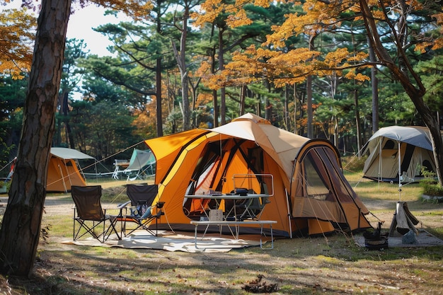 Camping all'aperto con molta luce solare con una tenda due sedie da campeggio all'aperso rack barbecue