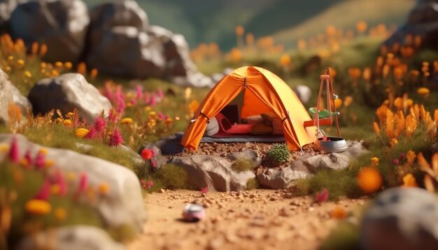 Camping minimo in natura concetto di miniatura realistico rendering di ultra alta qualità 8K