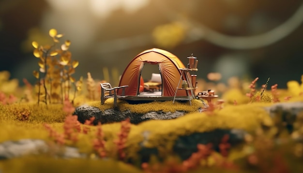 Camping minimo in natura concetto di miniatura realistico rendering di ultra alta qualità 8K