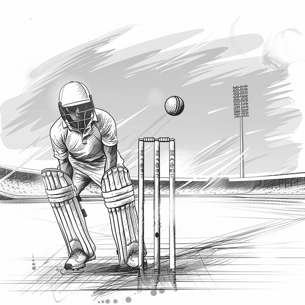 Campionato di cricket con palla wicket con casco nello stadio di cricket schizzo a mano libera