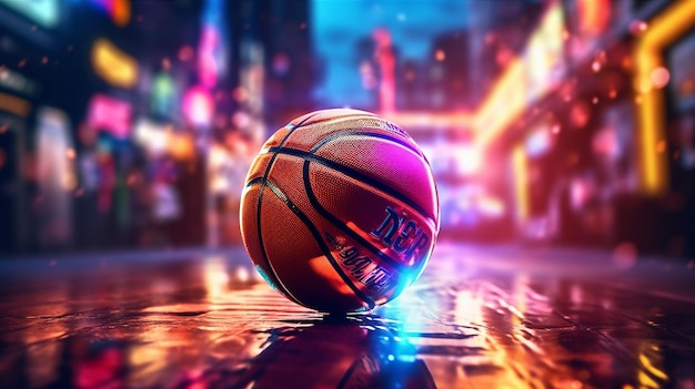 campionato di palloni da basket con luci al neon da basket