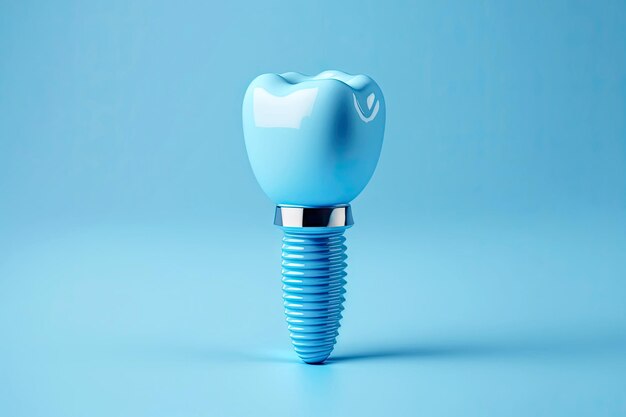 Campione di dente singolo con perno per implantologia dentale su sfondo blu